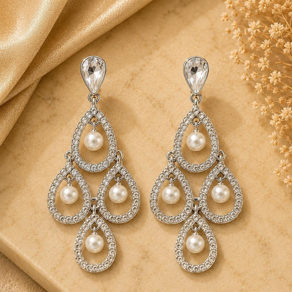 Vintage Monet Crystal Faux Pearl Chandelier Earrings Sample One of a Kind 3"